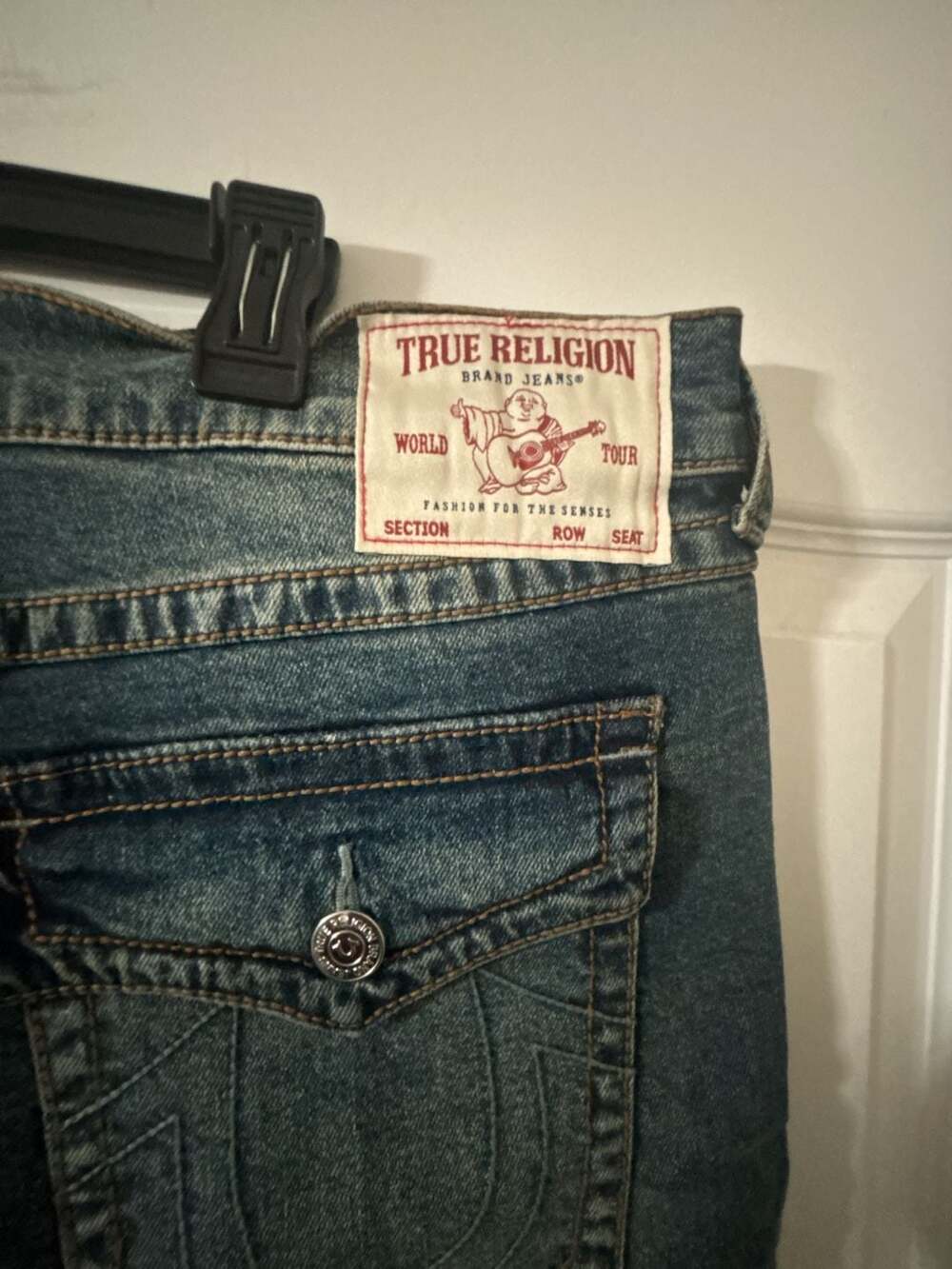 True Religion Geno Big T Flap Slim Jeans Size 36 Medium Drizzle Blue